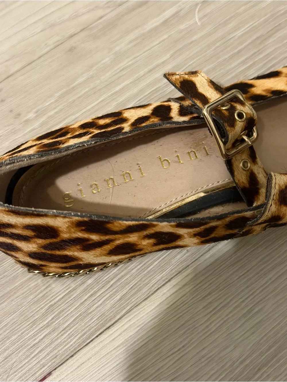 Gianni Bini Leopard-Print Pointed Mary Jane Flats in Tan and Black